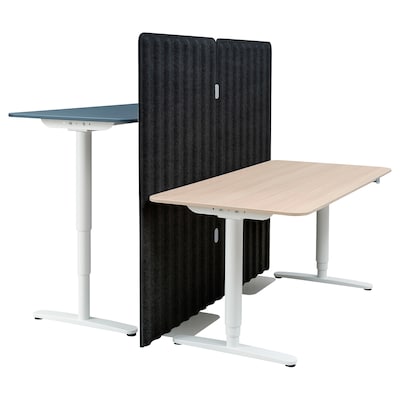 BEKANT办公桌坐/站与屏幕,油毡蓝色/白色染色橡木单板,其160 x160 150厘米