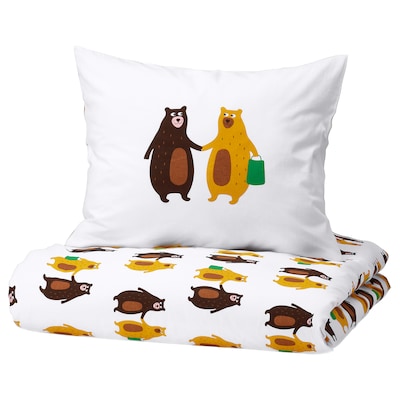 BRUMMIG被套和枕套,黄色或棕色熊模式,150年x200/50x80厘米