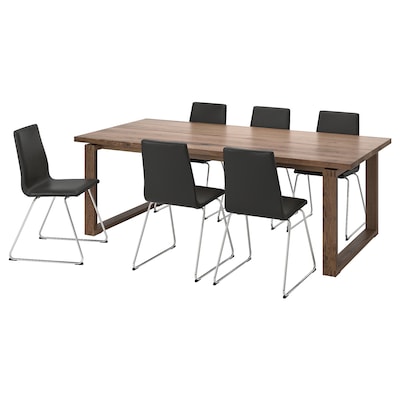 MORBYLANGA / LILLANAS桌子和6把椅子,布朗橡树单板染色/镀铬Glose黑色220 x100厘米