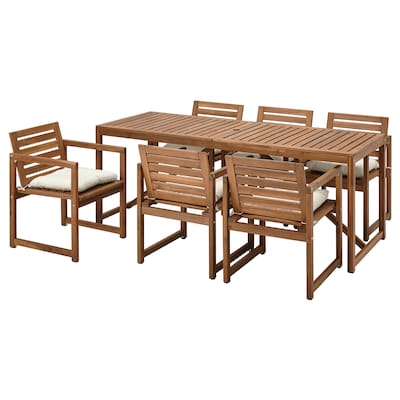 NAMMARO桌子+ 6把椅子扶手,户外,浅棕色染色/ Kuddarna米色