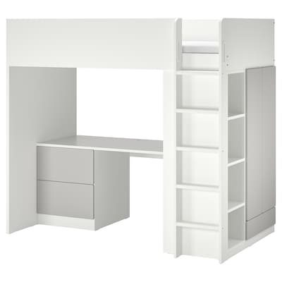 SMASTAD阁楼床,白色灰色/与3个抽屉,桌上90 x200型cm