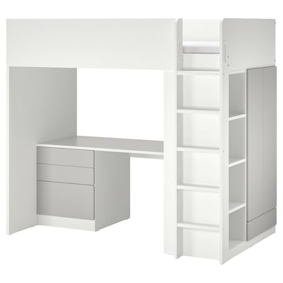 SMASTAD阁楼床,白色灰色/与桌子4抽屉,90 x200型cm