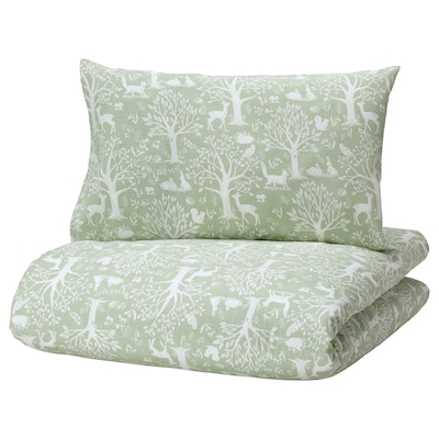 TROLLDOM被套1套枕套,森林动物模式/绿色,110 x125/35x55厘米