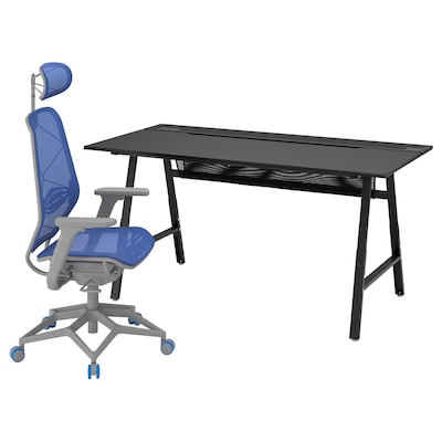 UTESPELARE / STYRSPEL游戏桌椅,黑色蓝色/浅灰色