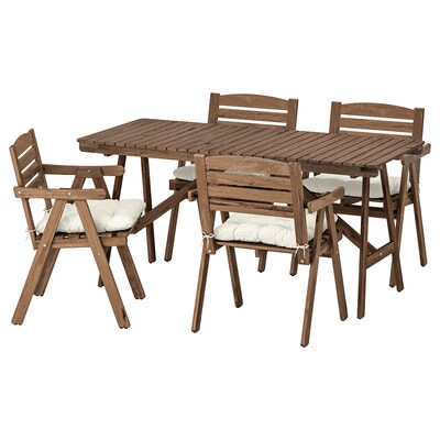 FALHOLMEN Tisch + 4 Armlehnstuhle / außen hellbraun lasiert / Kuddarna米色