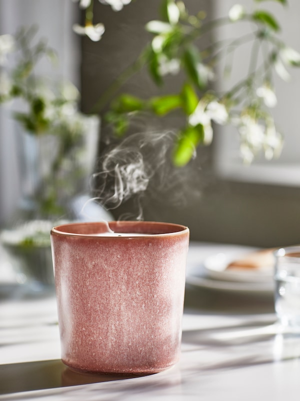 LUGNARE带香味的蜡烛在一个阳光明媚的陶瓷罐表和清晰的花瓶用树枝在后台白花。