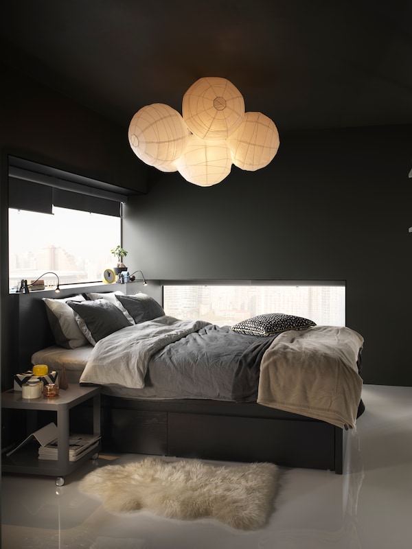 MALM床架，高，棕色染色灰乙型贴纸160x200厘米