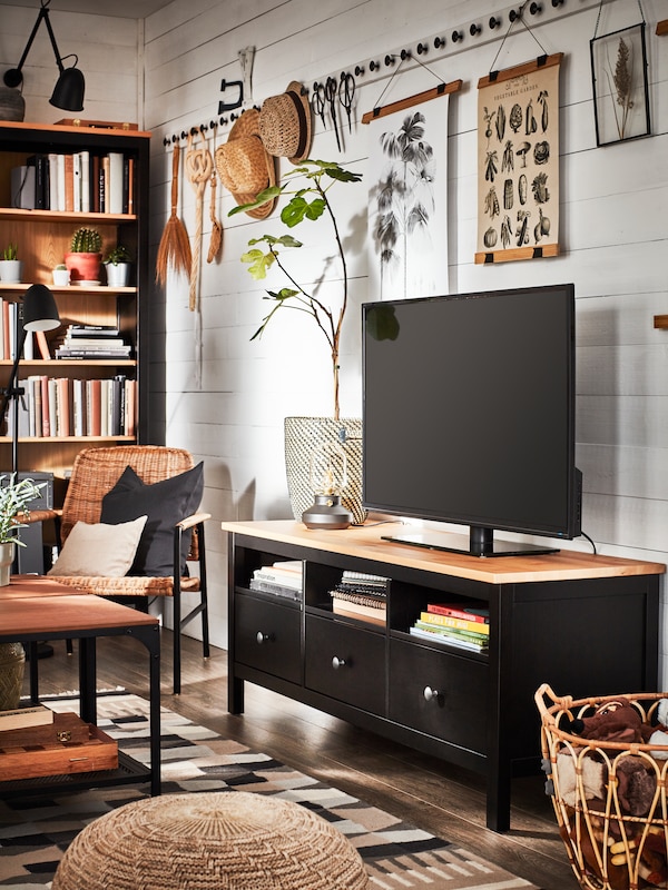 传统的客厅电视的长椅上,书柜的黑褐色/固体松,在天然材料装饰物品。