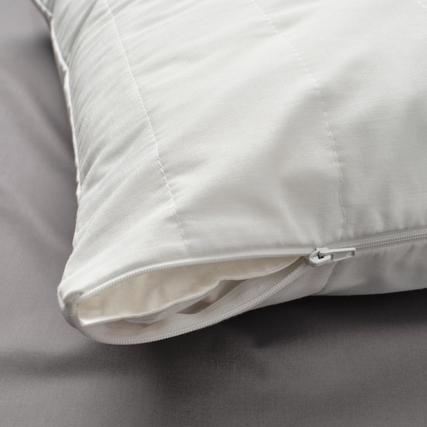 白色LUDDROS枕头的一角,用枕头保护内部和拉链打开一半,可见的灰色。