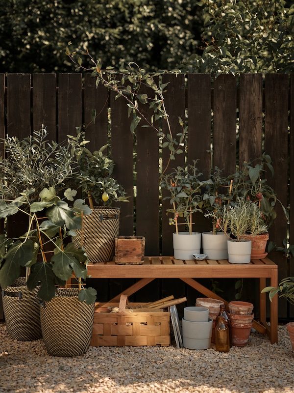 浅棕色NAMMARO室外长椅上各种盆栽植物旁边,加上堆叠植物盆和一篮子。