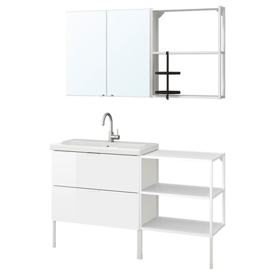 ENHET / TVALLEN浴室家具,15,高光泽的白色/白色Glypen丝锥,142 x43x87厘米