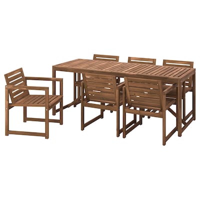 NAMMARO桌子+ 6把椅子扶手,户外,浅棕色染色,200厘米