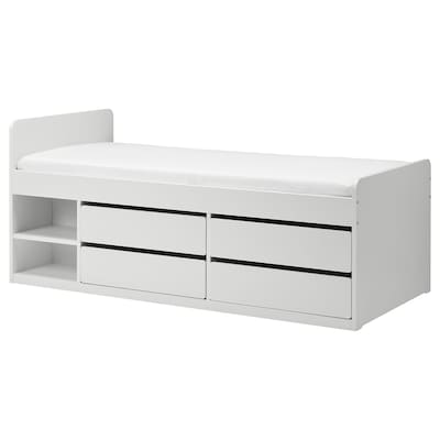 SLAKT床框架w存储+板条的bedbase,白色,90 x200型cm