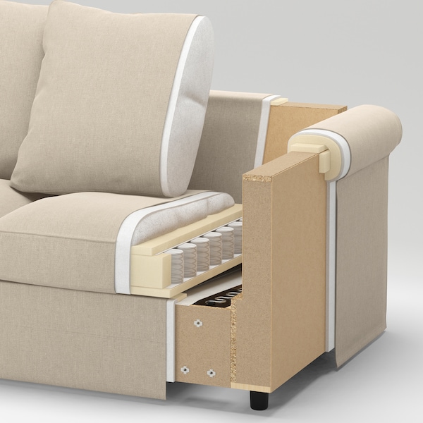 的横截面GRONLID 2-seat沙发展示其口袋春天靠垫、泡沫和纤维球的顶层。