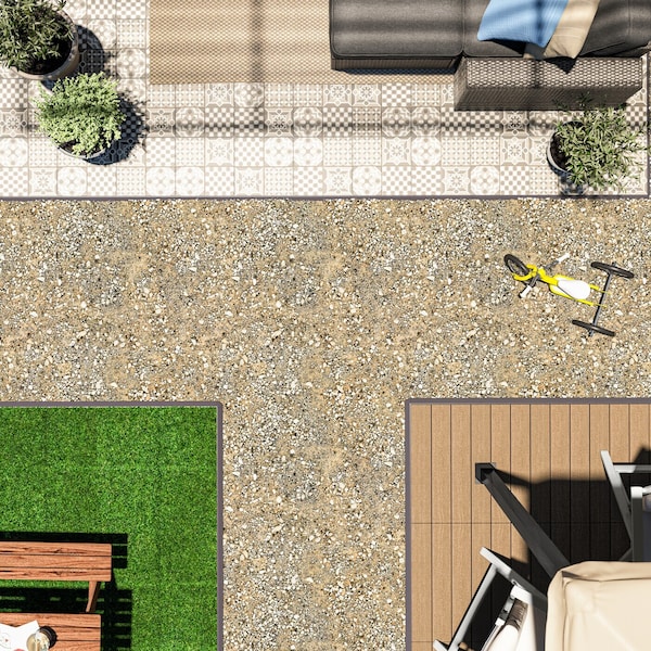 与不同类型的花园露台地板,包括MALLSTEN植物和扶手椅上的装饰。