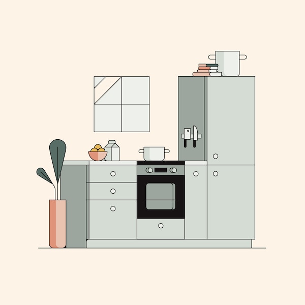 说明安装厨房的锅滚刀,一个高柜和一个高大植物的工作台面。