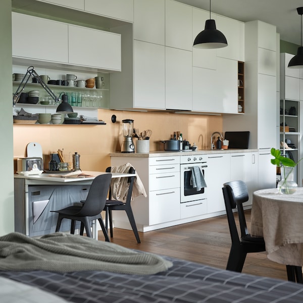 一个开放式公寓KALLHALL门腿表存储和厨房地板上一个白色的方法来天花板橱柜。