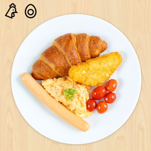 与鸡和蛋黄油牛角面包早餐设置食品符号缩略图的左上角