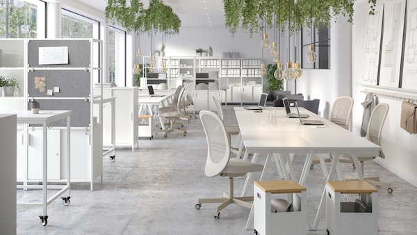 大,通风办公空间与白色TROTTEN存储单元在海狸香,桌子,椅子和书架单位光色调。