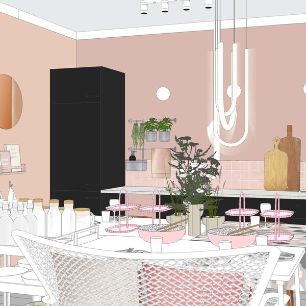 呈现亮粉红色餐厅各种椅子和现代的白色吊灯
