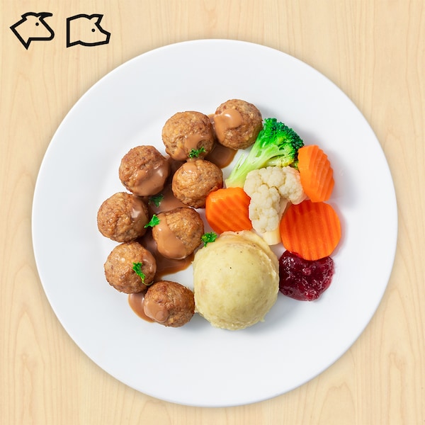 瑞典肉丸土豆泥和什锦蔬菜,牛肉和猪肉食品符号缩略图的左上角