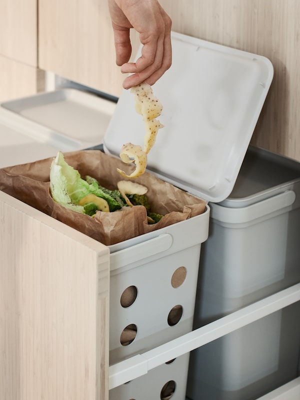 的手一个人降低一长串土豆皮HALLBAR本包含有机厨房垃圾。