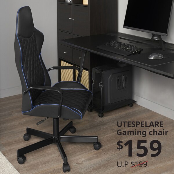 UTESPELARE博彩椅子Bomstad黑色皮革就像装饰和蓝色管道在办公桌设置。