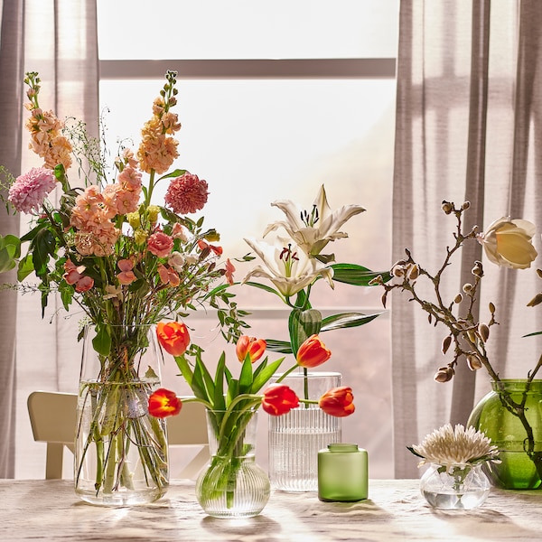 模特大赛在verschiedenen Vasen Großen nebeneinander麻省理工学院Blumen bestuckt auf einem Tisch伏尔einem窗口。