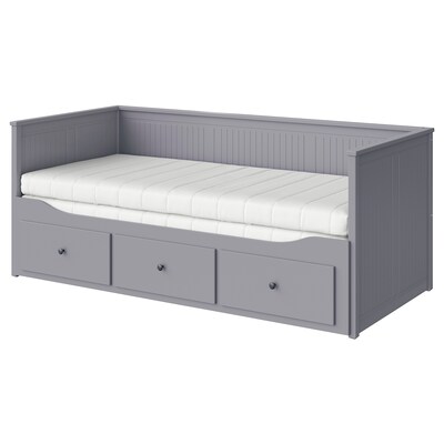 HEMNES大床带3个抽屉/2个床垫，灰色/Åsvang牢固，80x200厘米