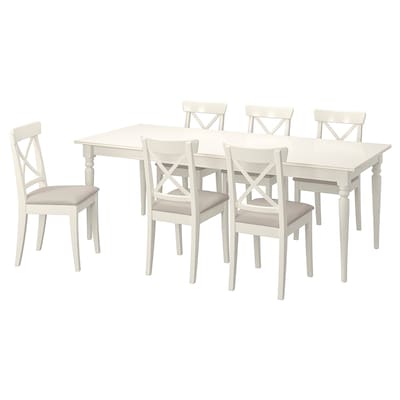 INGATORP / INGOLF桌子和6把椅子,白色白色/ Hallarp米色,155/215厘米