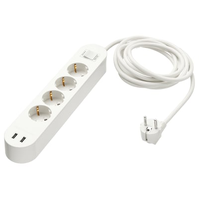 KOPPLA 4路2套接字与USB接口,白色,3.0米