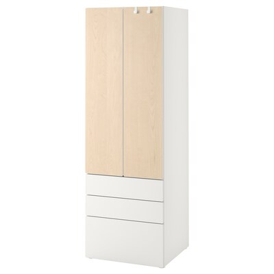 SMASTAD / PLATSA衣柜,白色/桦木与3个抽屉,x57x181 60厘米