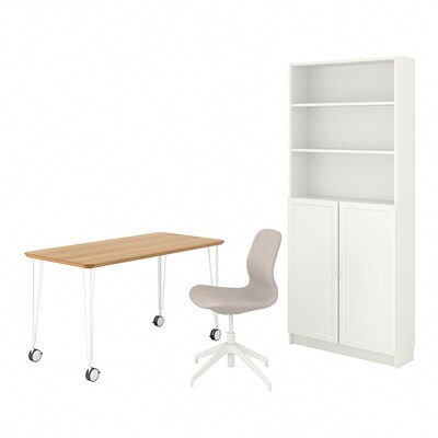 ANFALLARE / LANGFJALL /比利/ OXBERG桌子和存储组合,和转椅竹/米色白色