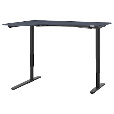 BEKANT角落的桌子坐/站,油毡蓝色/黑色,160 x110厘米