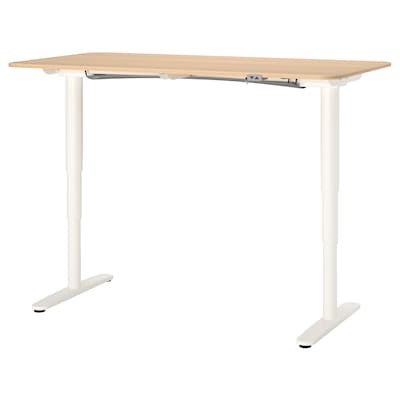 BEKANT办公桌坐/站、白染色橡木单板/白色,160 x80厘米