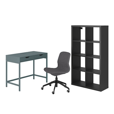 亚历克斯/ LANGFJALL KALLAX桌子和存储组合,和转椅grey-turquoise /黑色