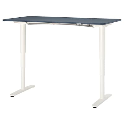BEKANT桌坐/站、油毡蓝色/白色160 x80厘米