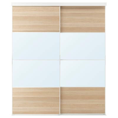 SKYTTA / MEHAMN AULI Skyvedørkombinasjon hvit / hvitbeiset eikemønster speil, 202 x240厘米