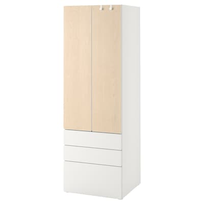 SMÅSTAD / PLATSA Garderob, vit/björk med 3 lådor, 60x42x181厘米