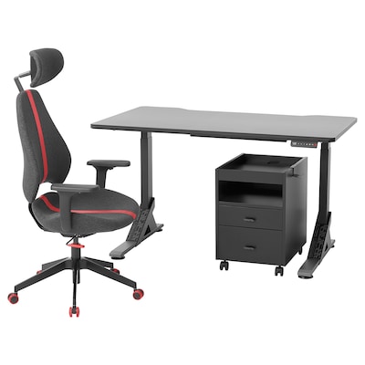 UPPSPEL / GRUPPSPEL桌子,椅子,抽屉单元,黑色/灰色140 x80厘米